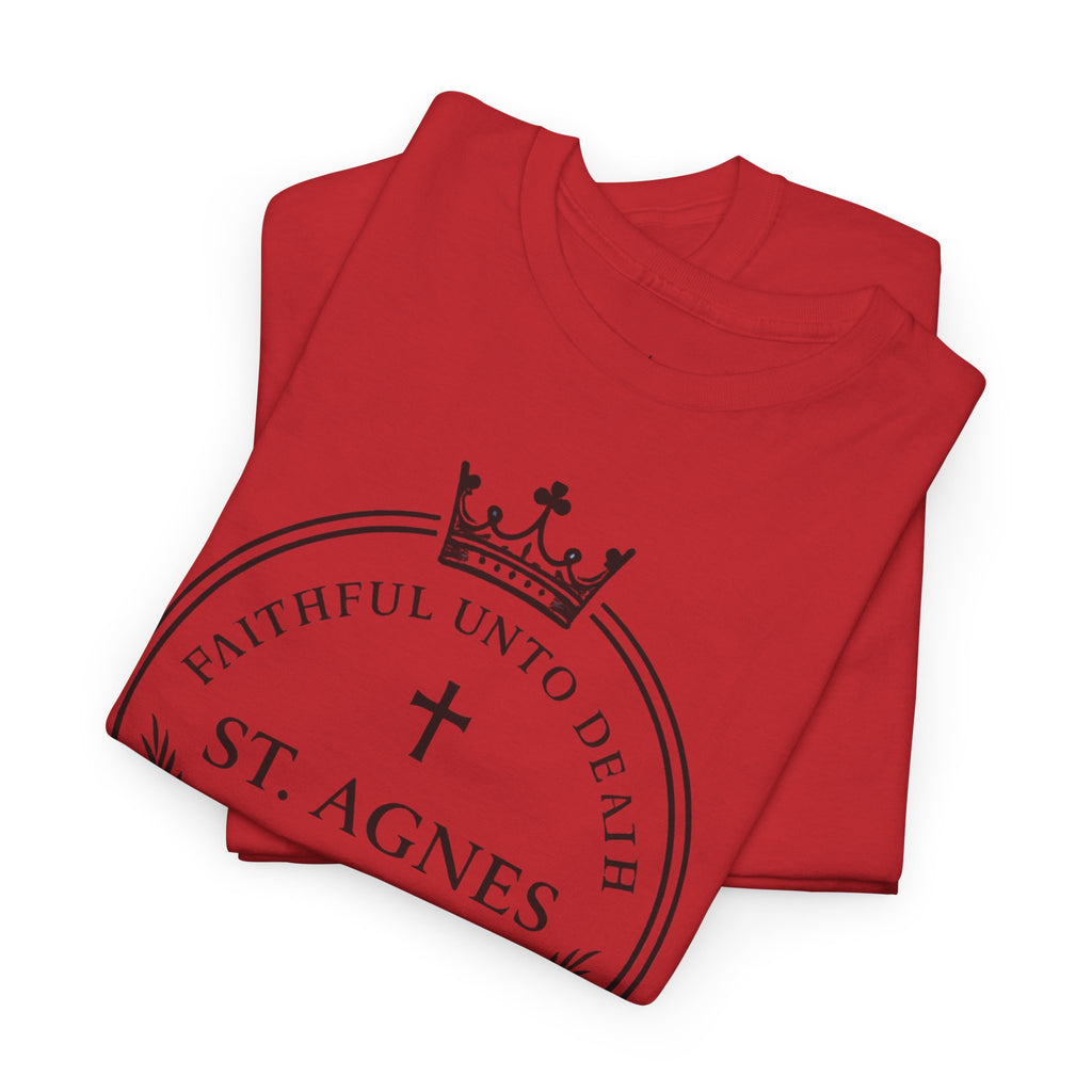 St. Agnes Crest Tee | Faithful Unto Death, Religious Cross T-Shirt