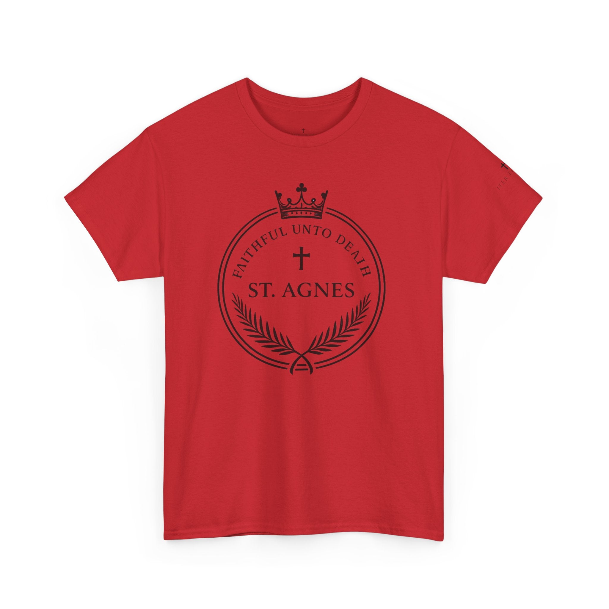 St. Agnes Crest Tee | Faithful Unto Death, Religious Cross T-Shirt