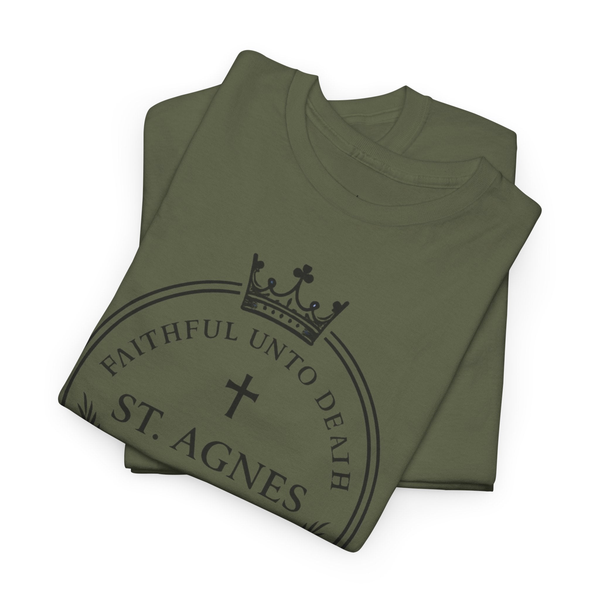 St. Agnes Crest Tee | Faithful Unto Death, Religious Cross T-Shirt
