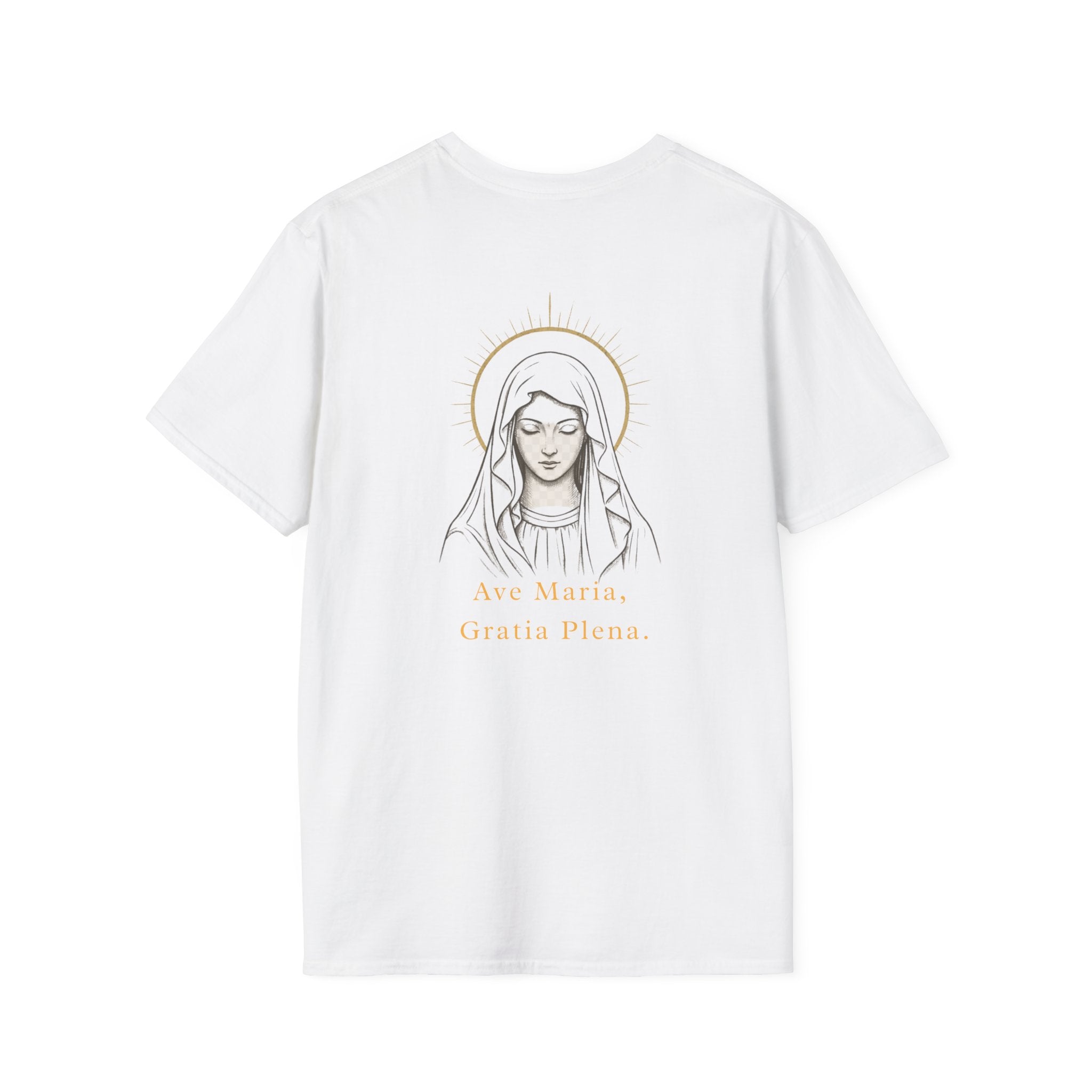 Ave Maria Women's T-Shirt — Minimal Virgin Mary Illustration with 'Ave Maria Gratia Plena'