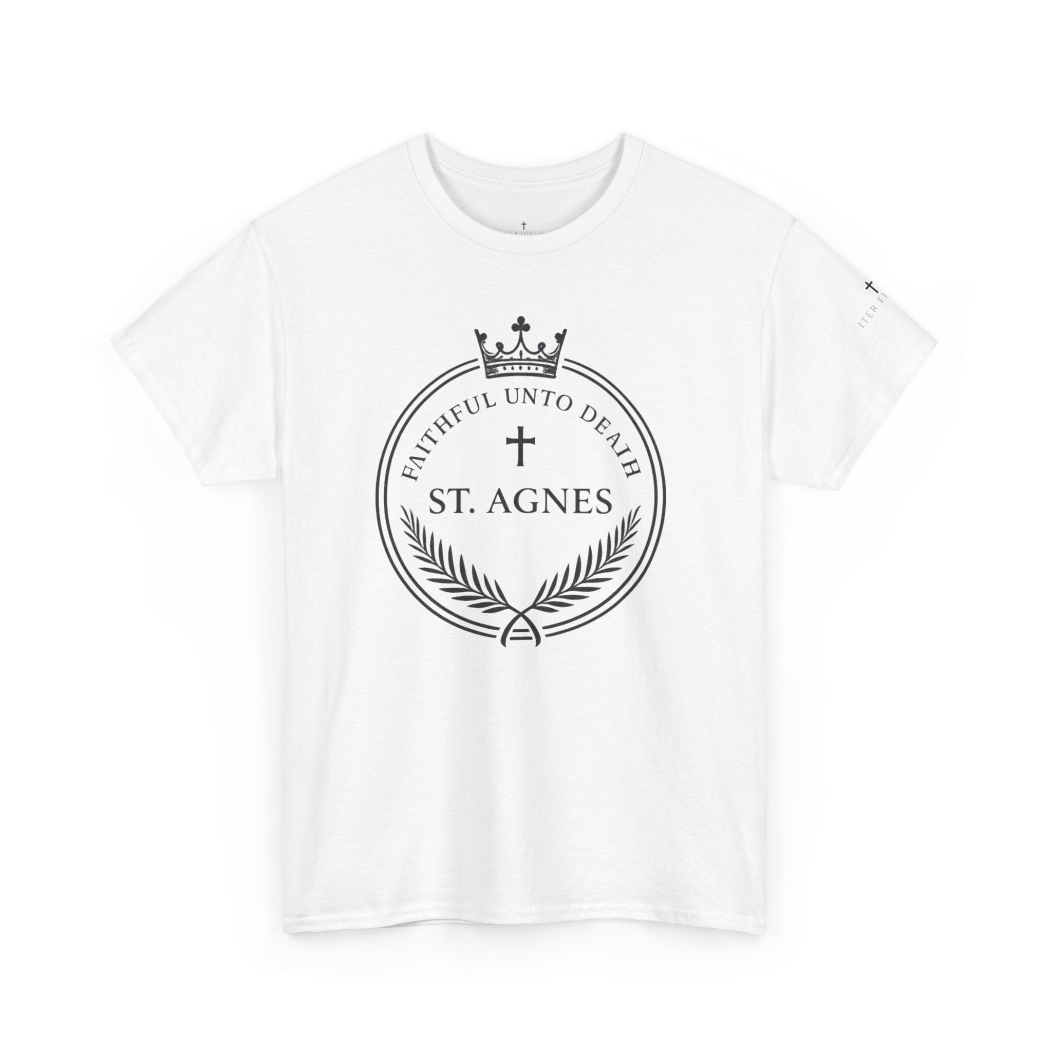 St. Agnes Crest Tee | Faithful Unto Death, Religious Cross T-Shirt