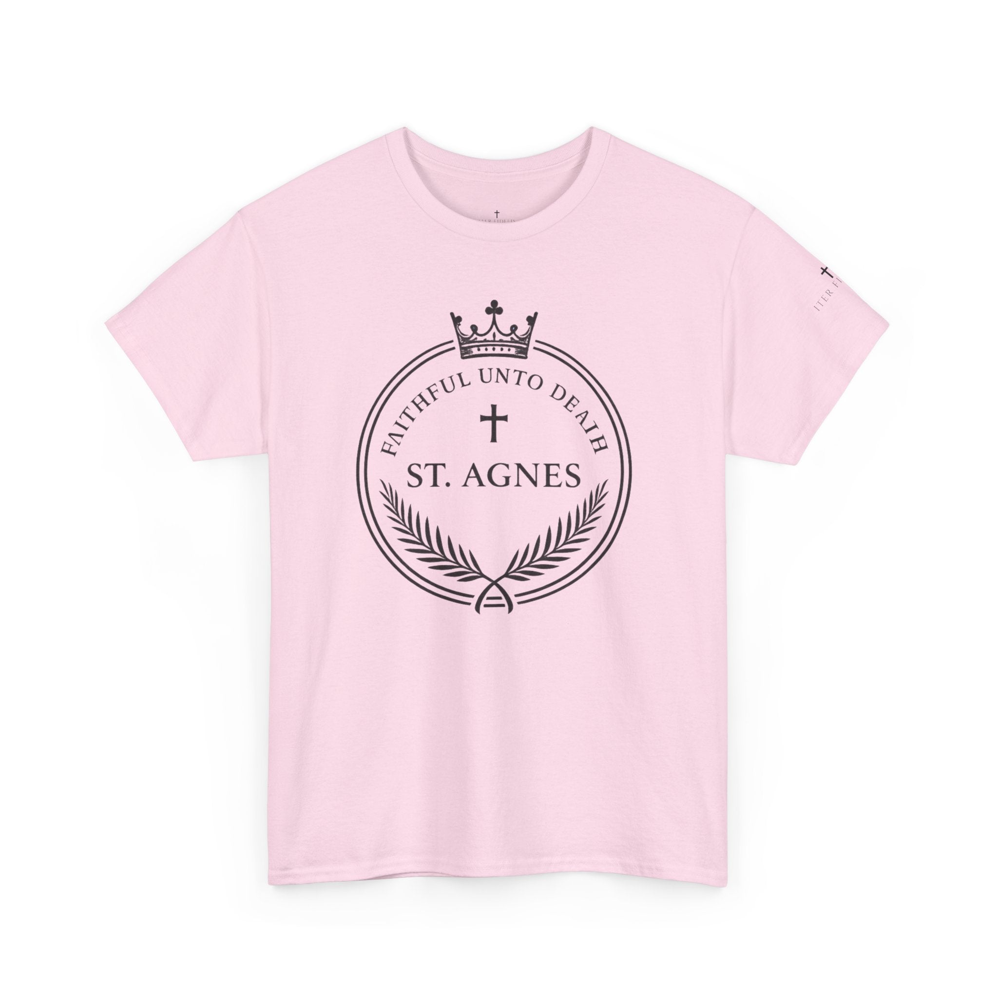St. Agnes Crest Tee | Faithful Unto Death, Religious Cross T-Shirt