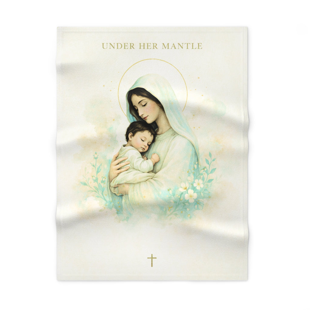 Under Her Mantle Baby Blanket — Mary & Infant Jesus Soft Fleece Blanket