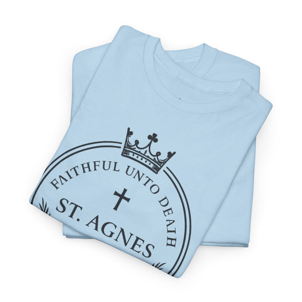 St. Agnes Crest Tee | Faithful Unto Death, Religious Cross T-Shirt