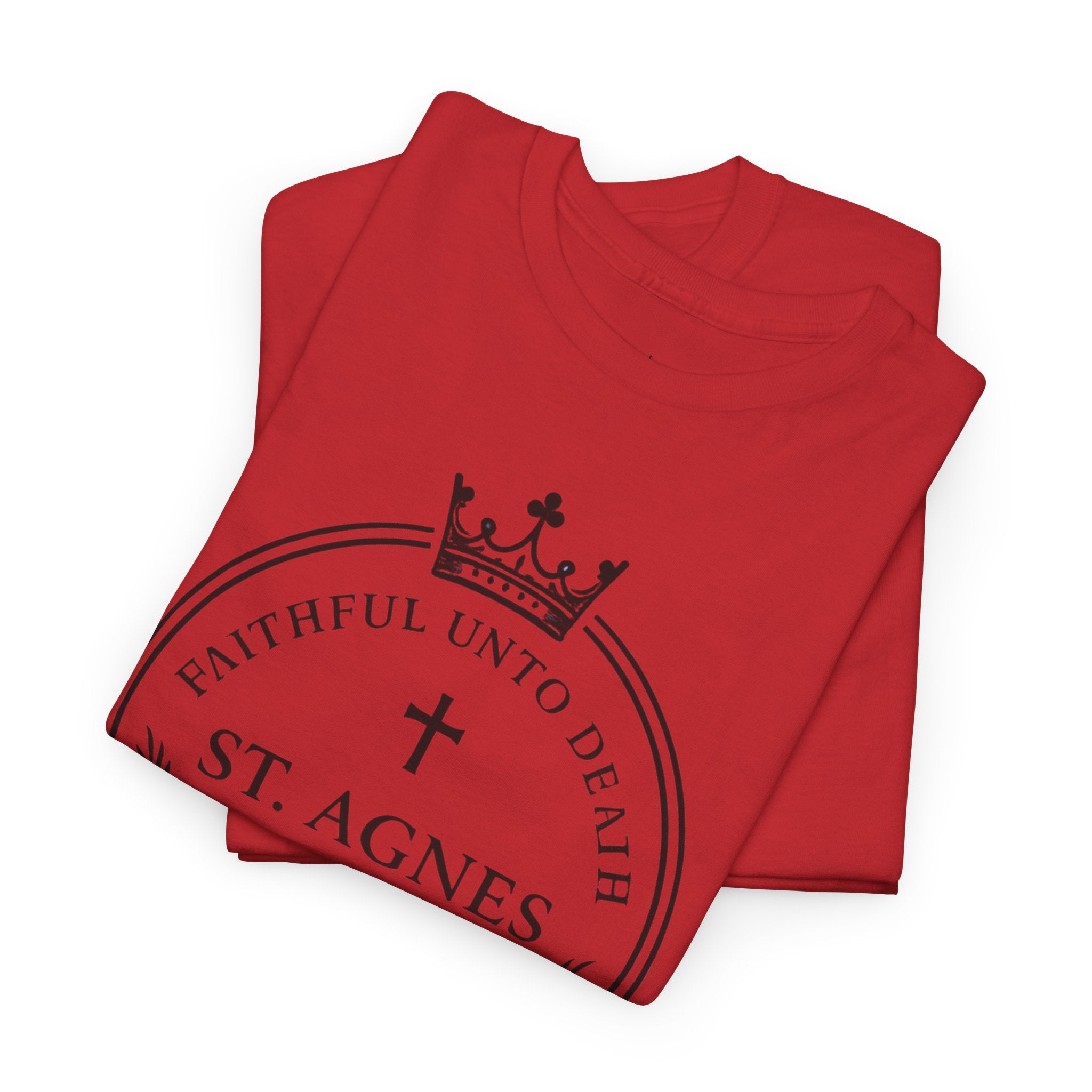 St. Agnes Crest Tee | Faithful Unto Death, Religious Cross T-Shirt
