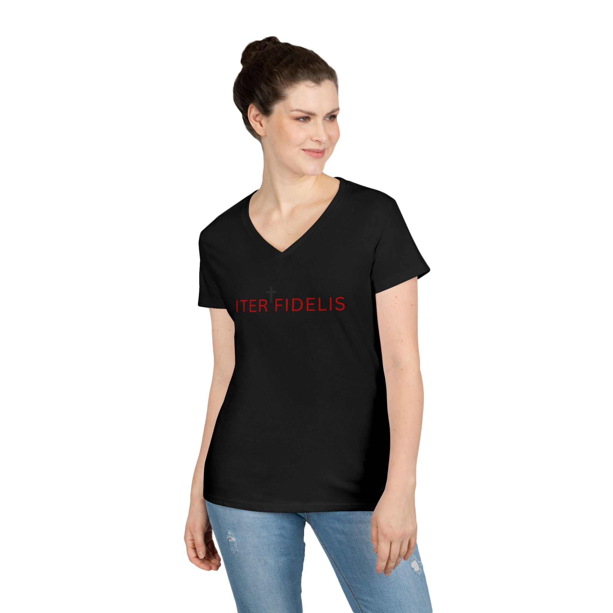Christian V-Neck T-Shirt — "Iter Fidelis" with Eucharist Chalice Back Graphic