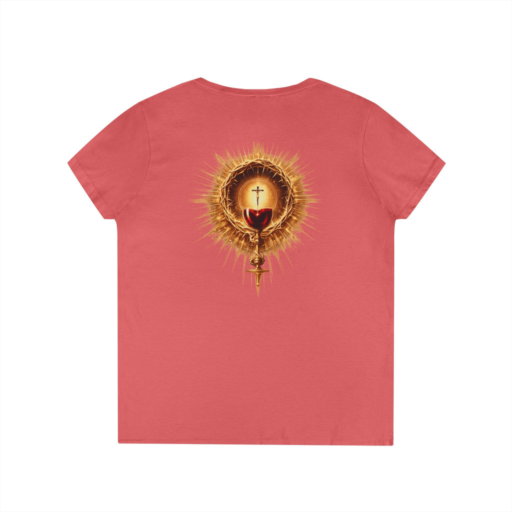 Christian V-Neck T-Shirt — "Iter Fidelis" with Eucharist Chalice Back Graphic