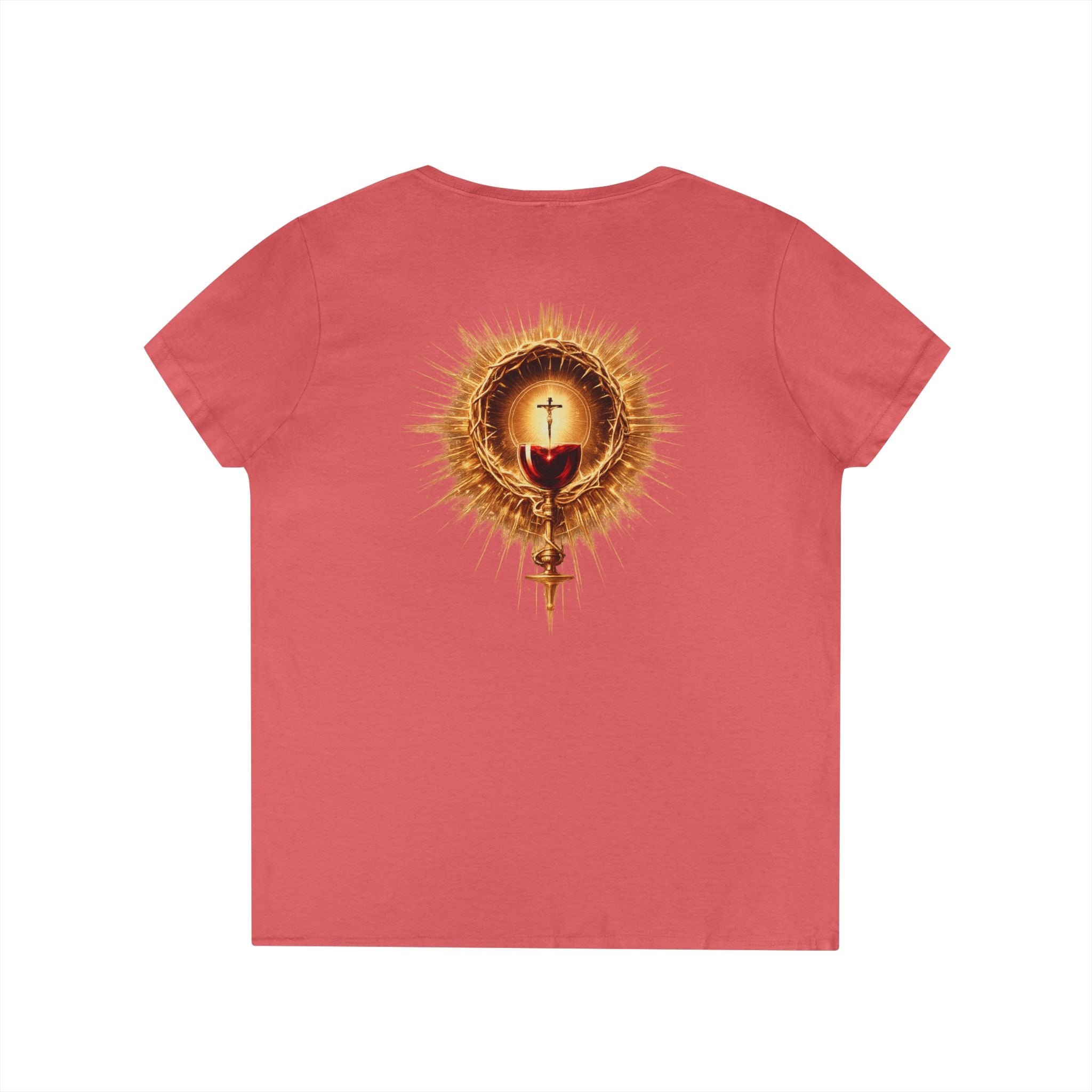 Christian V-Neck T-Shirt — "Iter Fidelis" with Eucharist Chalice Back Graphic