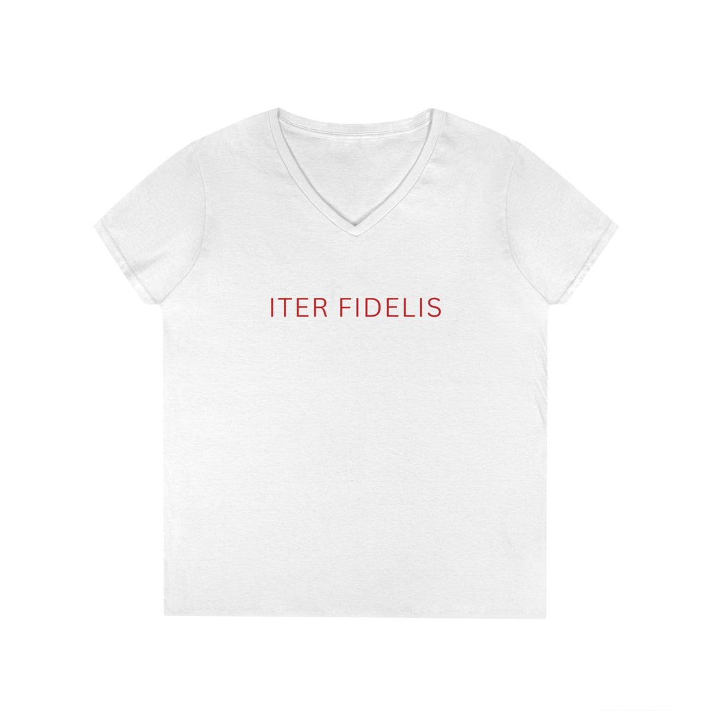 Christian V-Neck T-Shirt — "Iter Fidelis" with Eucharist Chalice Back Graphic