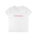 Christian V-Neck T-Shirt — "Iter Fidelis" with Eucharist Chalice Back Graphic