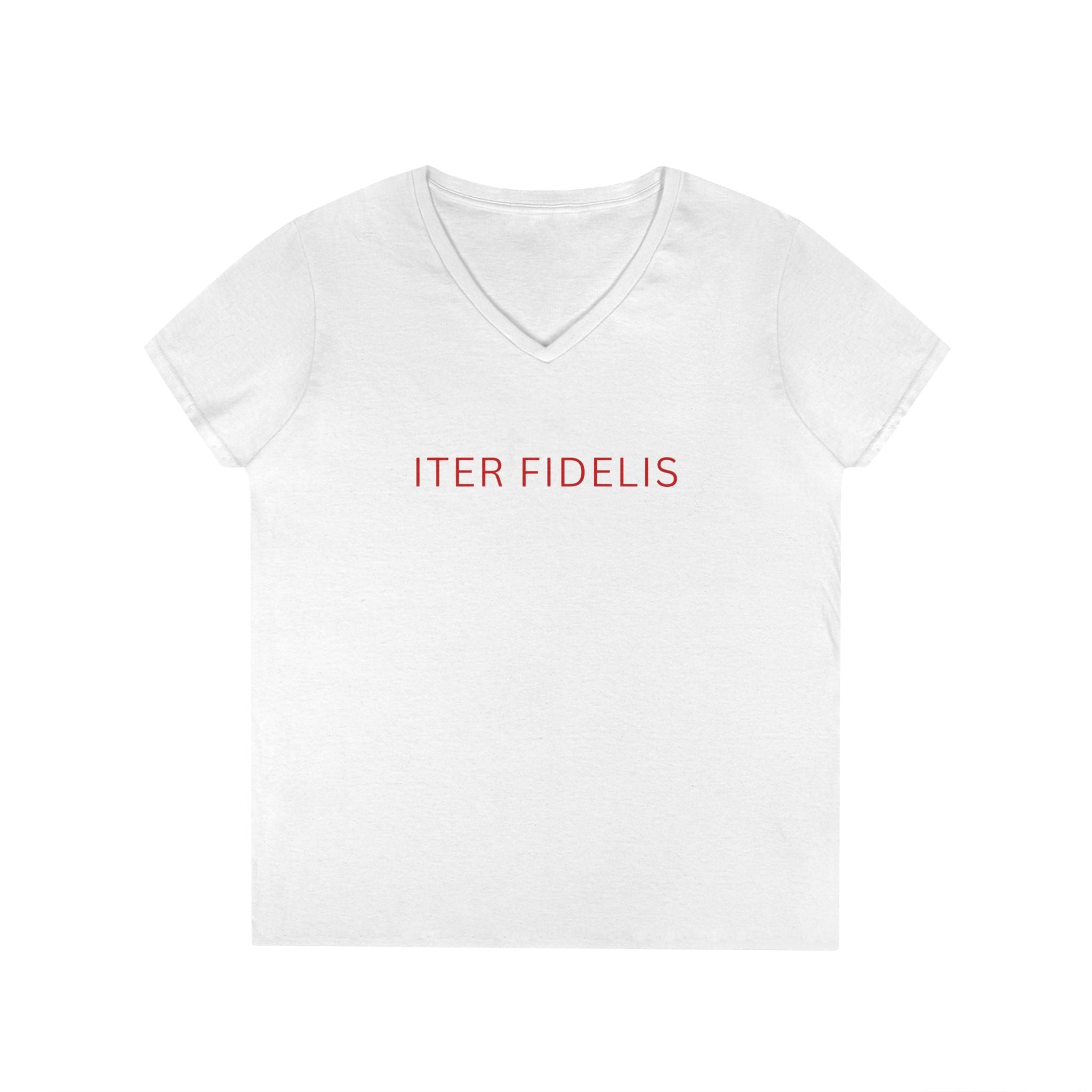 Christian V-Neck T-Shirt — "Iter Fidelis" with Eucharist Chalice Back Graphic