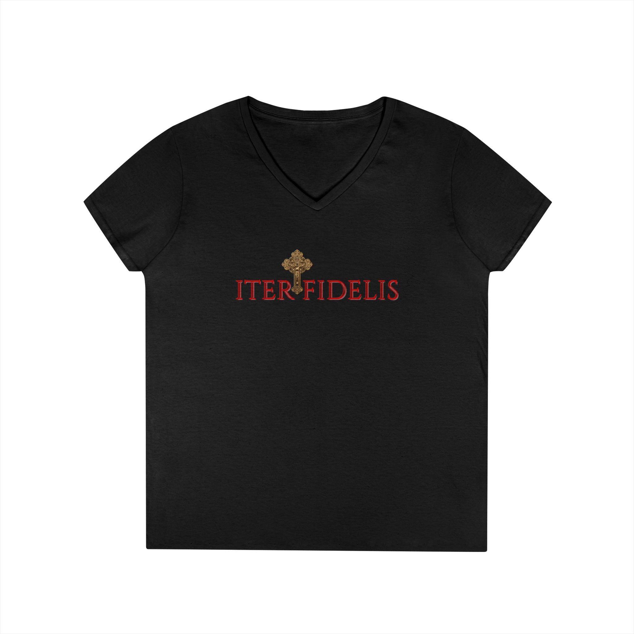 Ladies' V-Neck T-Shirt — Sacred Heart 'Iter Fidelis' Christian Devotional Tee