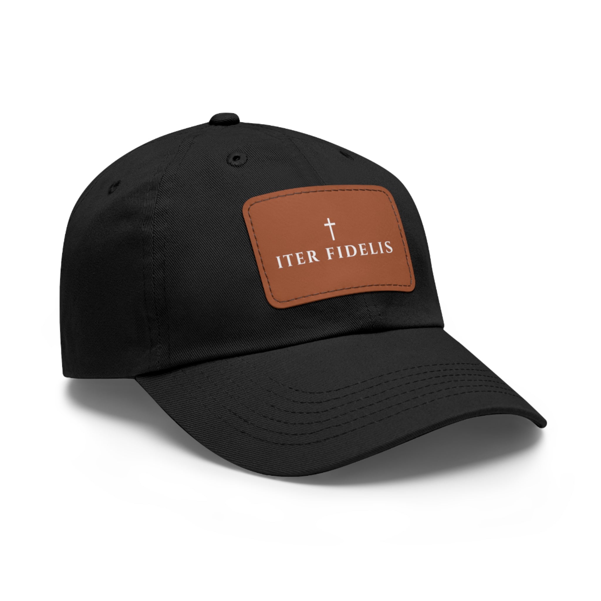 Iter Fidelis Leather Patch Dad Hat — Religious Cross Embroidered Baseball Cap