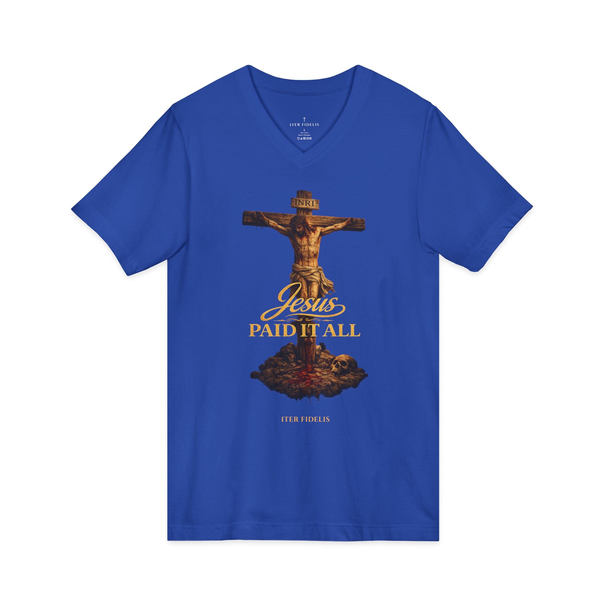 Jesus Paid It All V-Neck Tee — Christian Faith Cross Graphic Shirt
