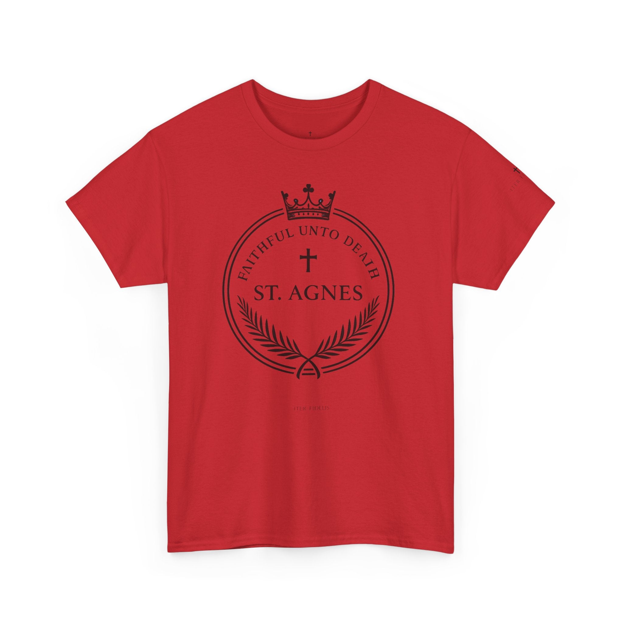 St. Agnes Crest Tee | Faithful Unto Death, Religious Cross T-Shirt