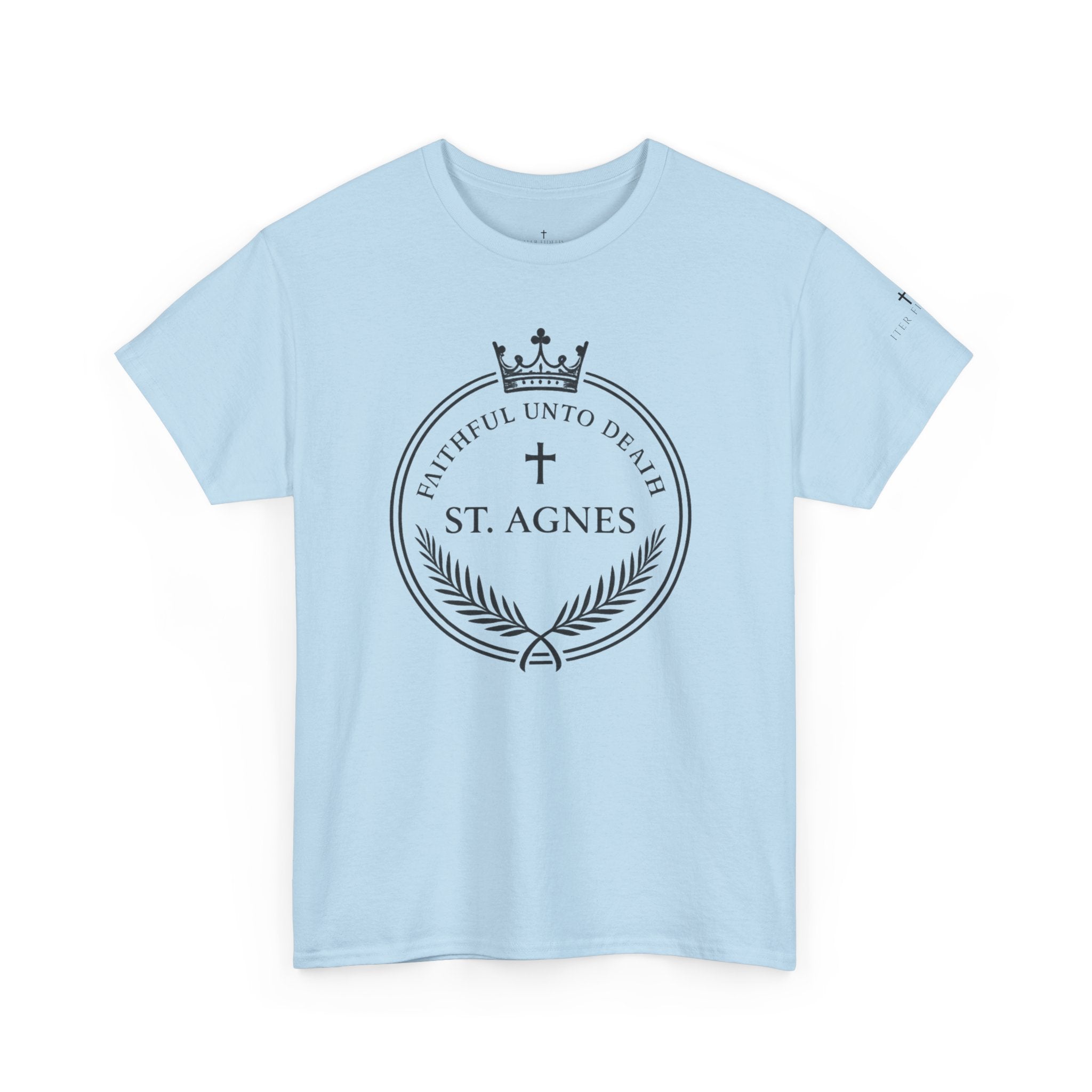 St. Agnes Crest Tee | Faithful Unto Death, Religious Cross T-Shirt