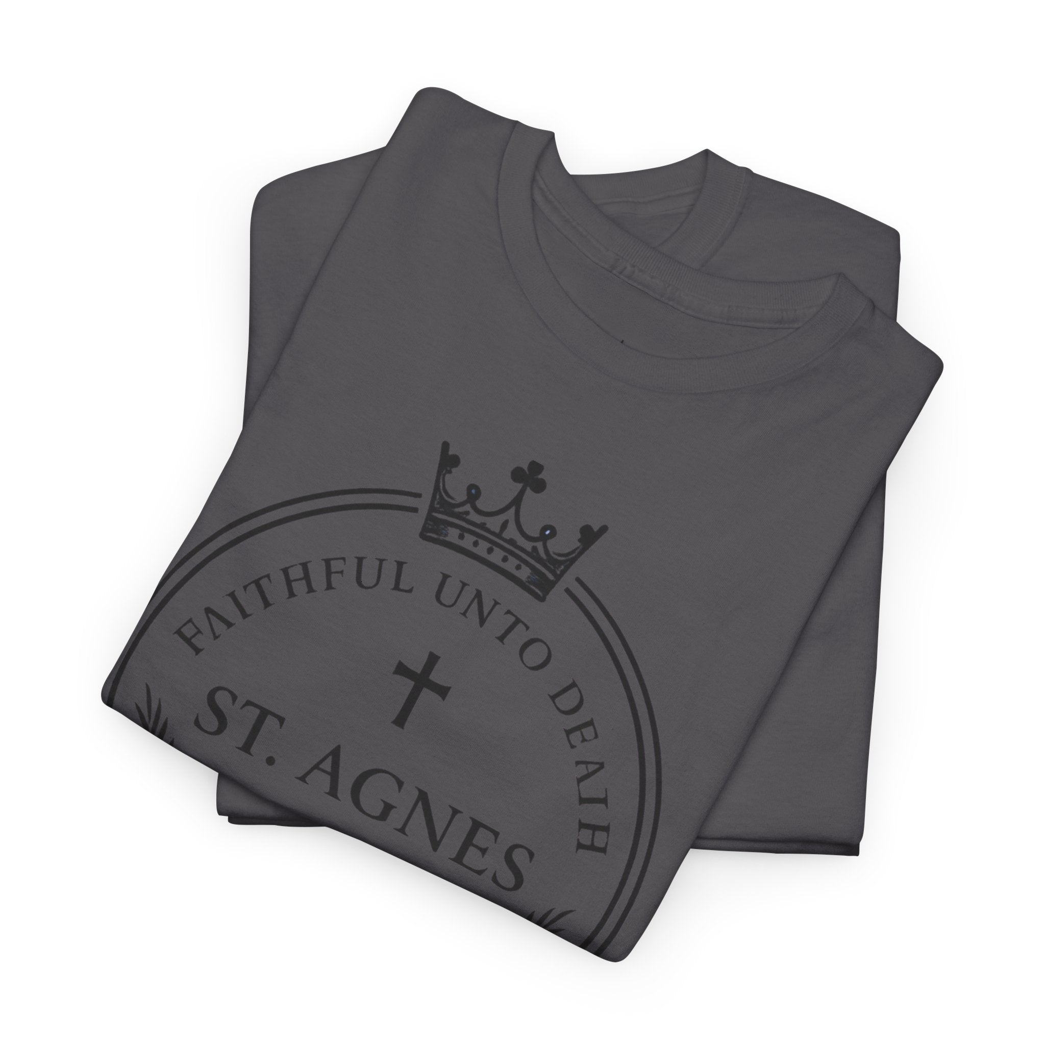 St. Agnes Crest Tee | Faithful Unto Death, Religious Cross T-Shirt