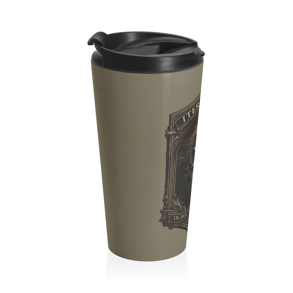 The Conqueror Stainless Steel Travel Mug — Iter Fidelis ‘‘In Hoc Signo Vinces’’ Crest