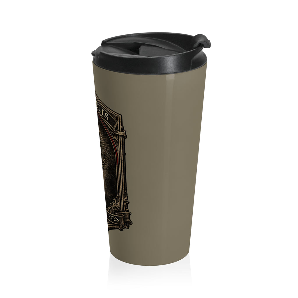 The Conqueror Stainless Steel Travel Mug — Iter Fidelis ‘‘In Hoc Signo Vinces’’ Crest