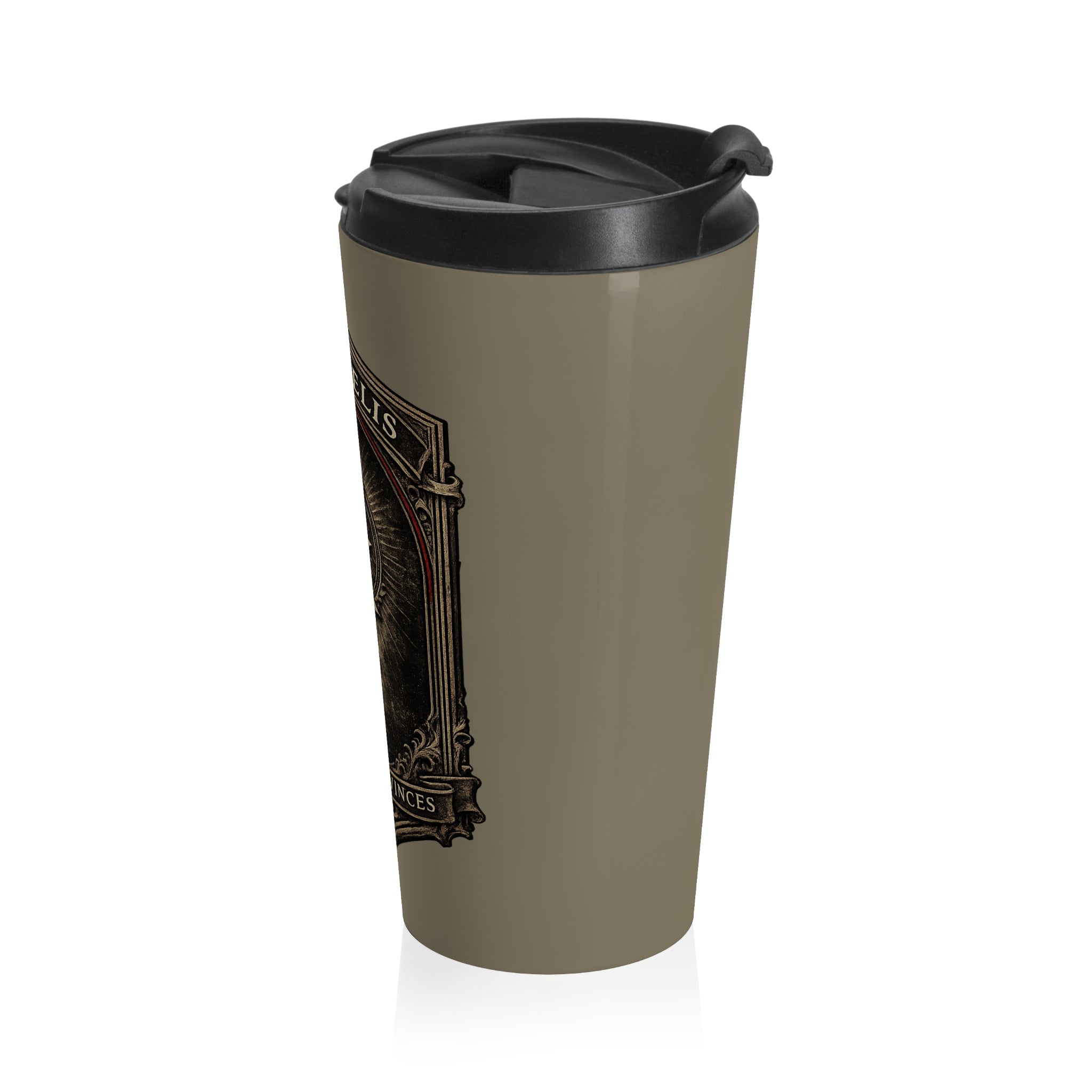 The Conqueror Stainless Steel Travel Mug — Iter Fidelis ‘‘In Hoc Signo Vinces’’ Crest