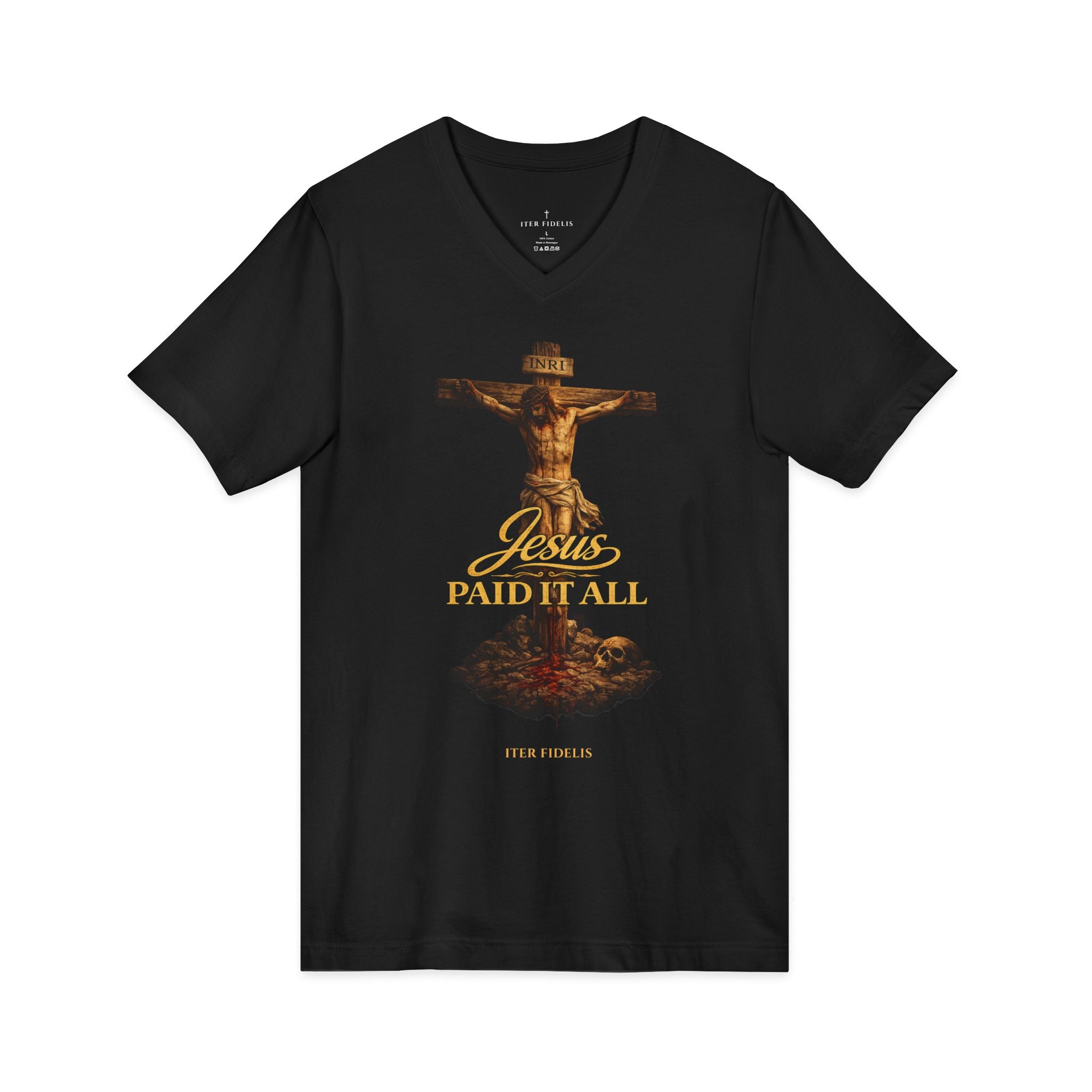 Jesus Paid It All V-Neck Tee — Christian Faith Cross Graphic Shirt