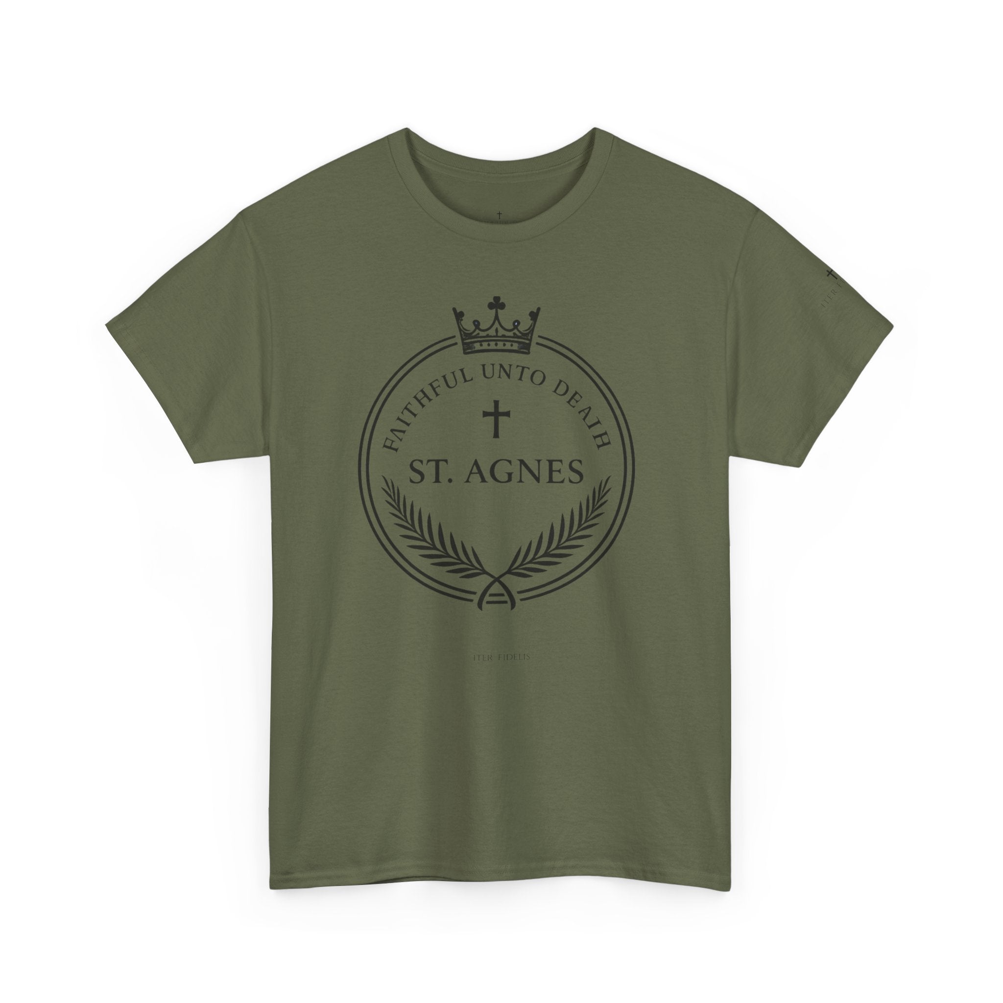 St. Agnes Crest Tee | Faithful Unto Death, Religious Cross T-Shirt