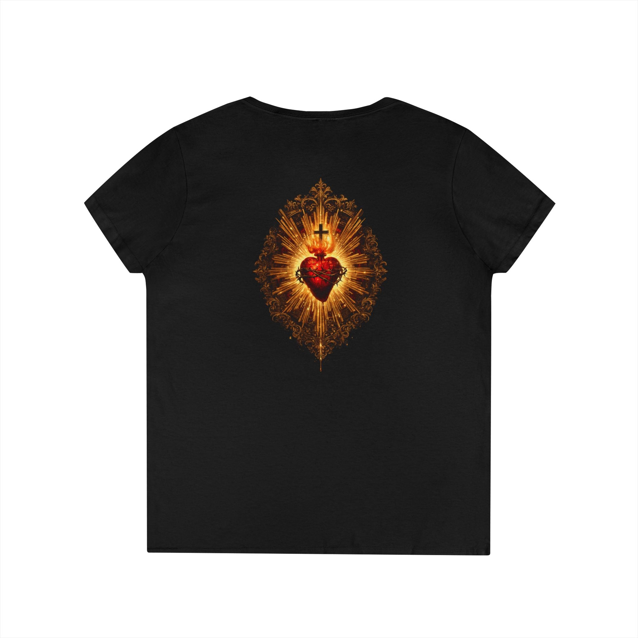 Ladies' V-Neck T-Shirt — Sacred Heart 'Iter Fidelis' Christian Devotional Tee