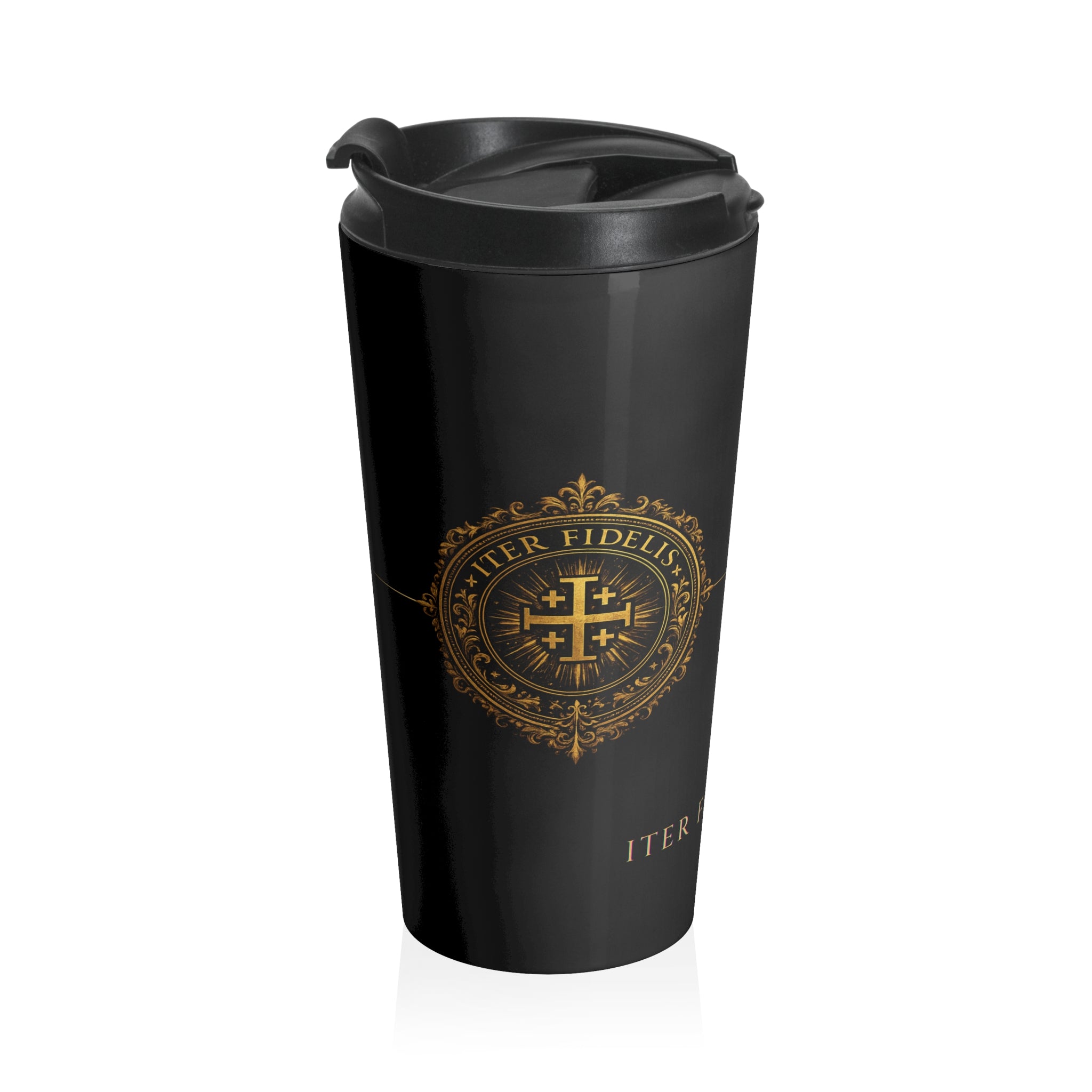 “Faith Is Not Passive” Stainless Steel Tumbler — Iter Fidelis Seal Travel Mug