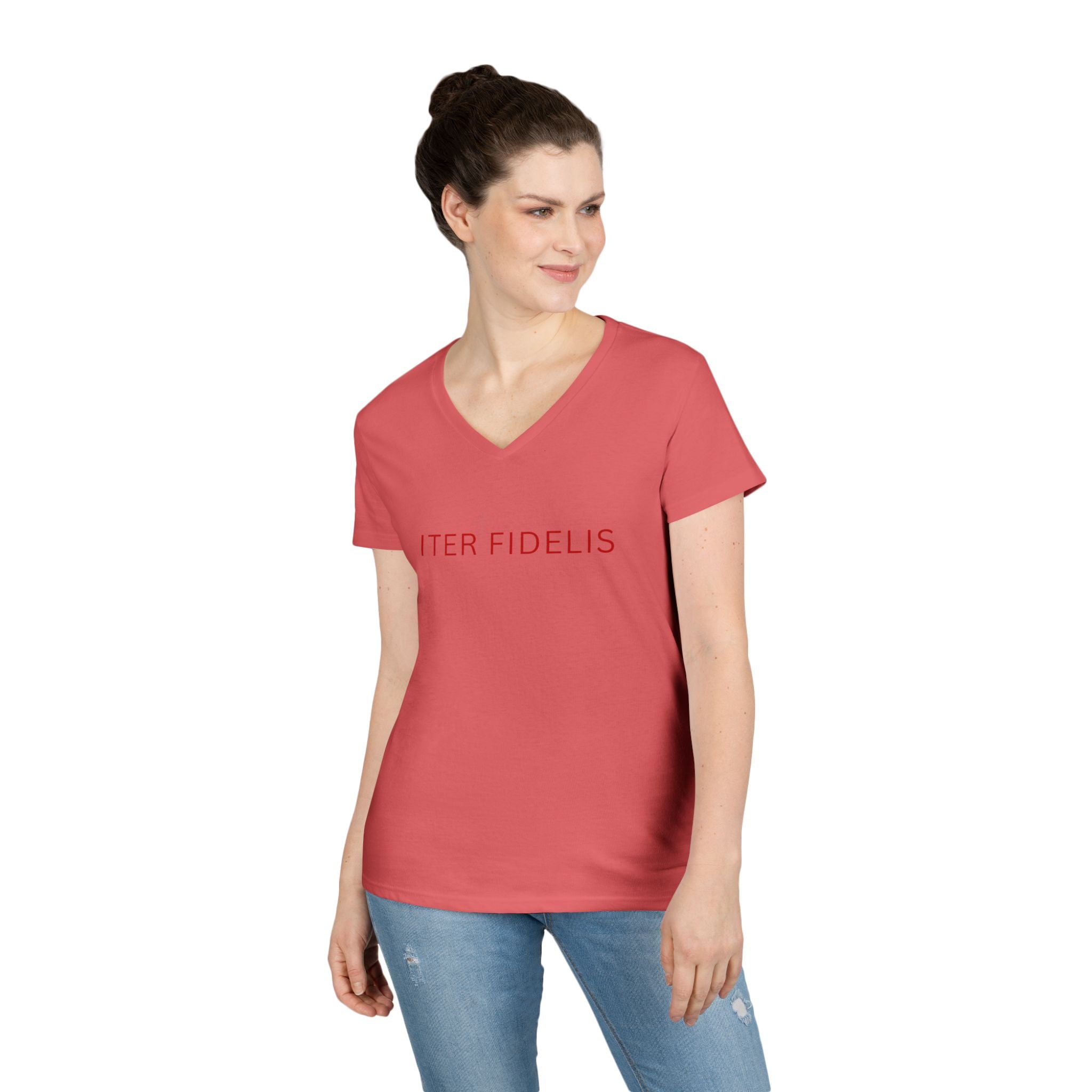 Christian V-Neck T-Shirt — "Iter Fidelis" with Eucharist Chalice Back Graphic