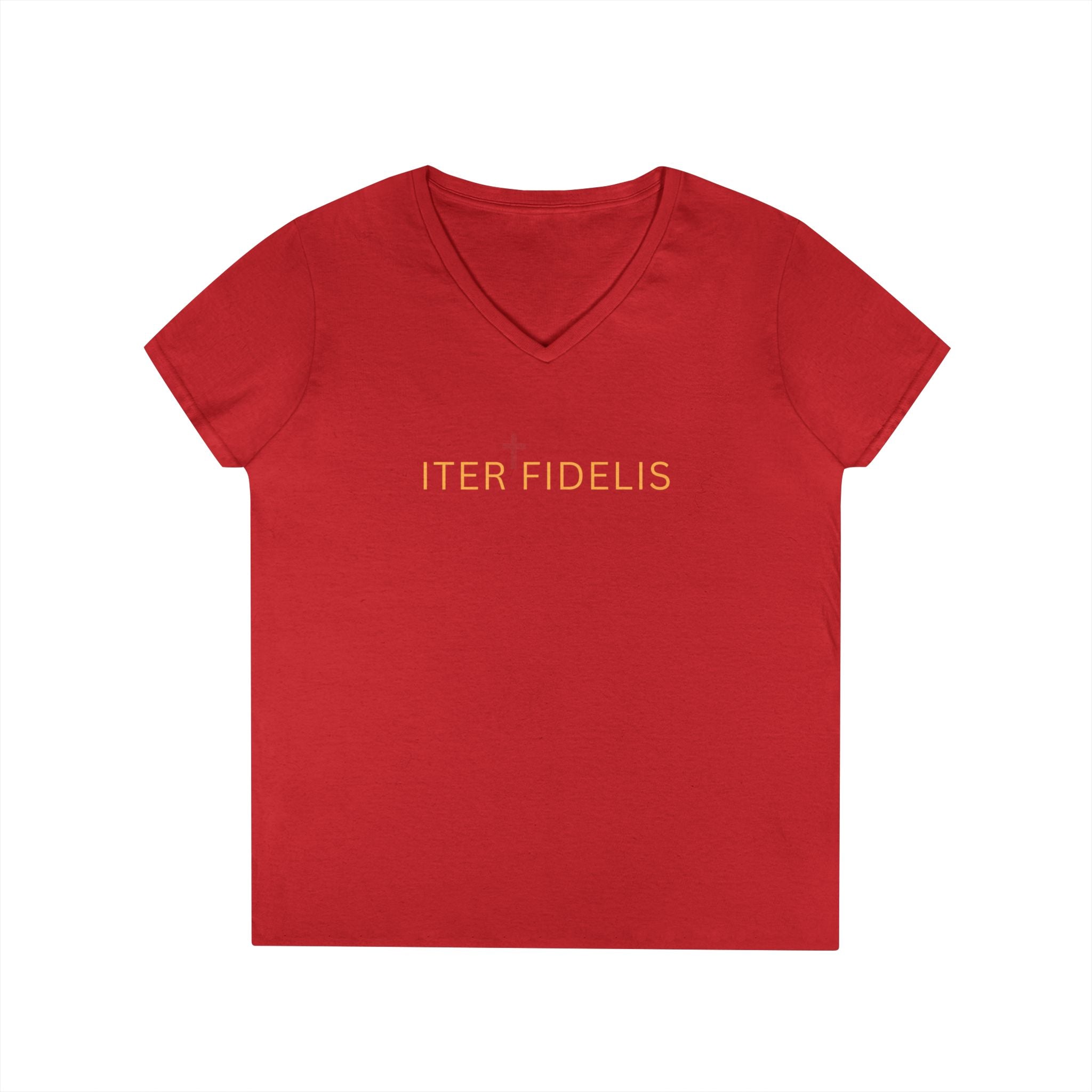 Christian V-Neck T-Shirt — "Iter Fidelis" with Eucharist Chalice Back Graphic