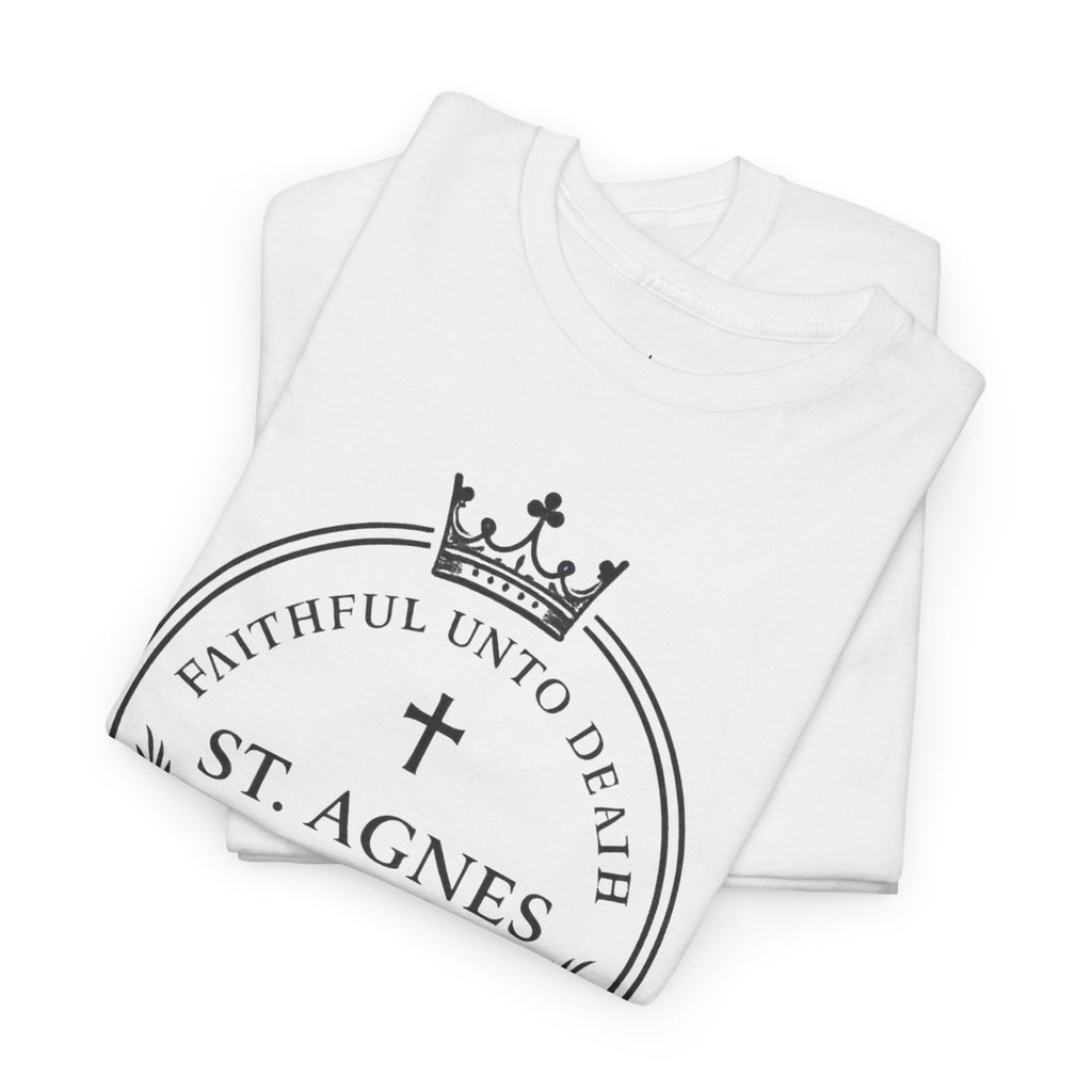 St. Agnes Crest Tee | Faithful Unto Death, Religious Cross T-Shirt