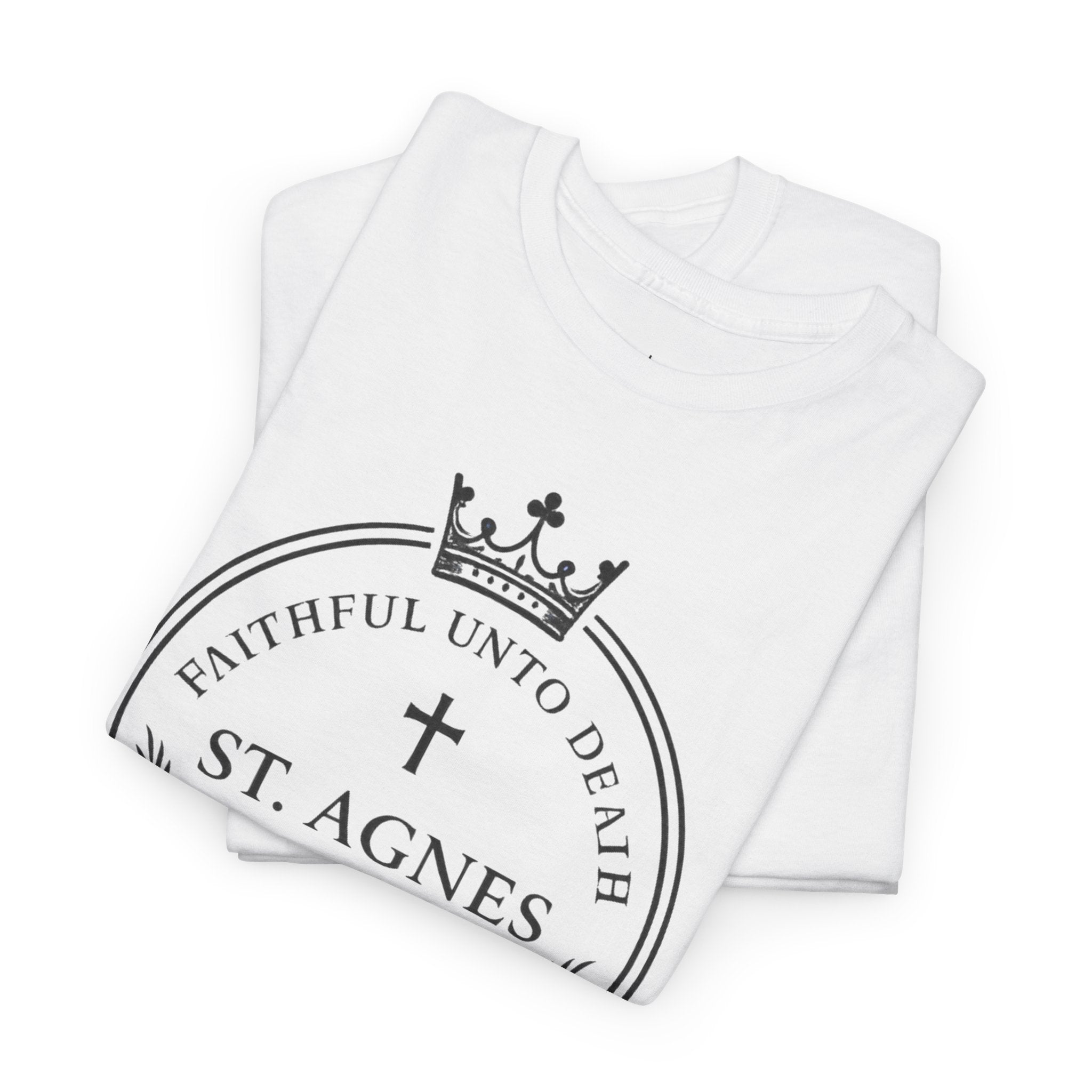 St. Agnes Crest Tee | Faithful Unto Death, Religious Cross T-Shirt