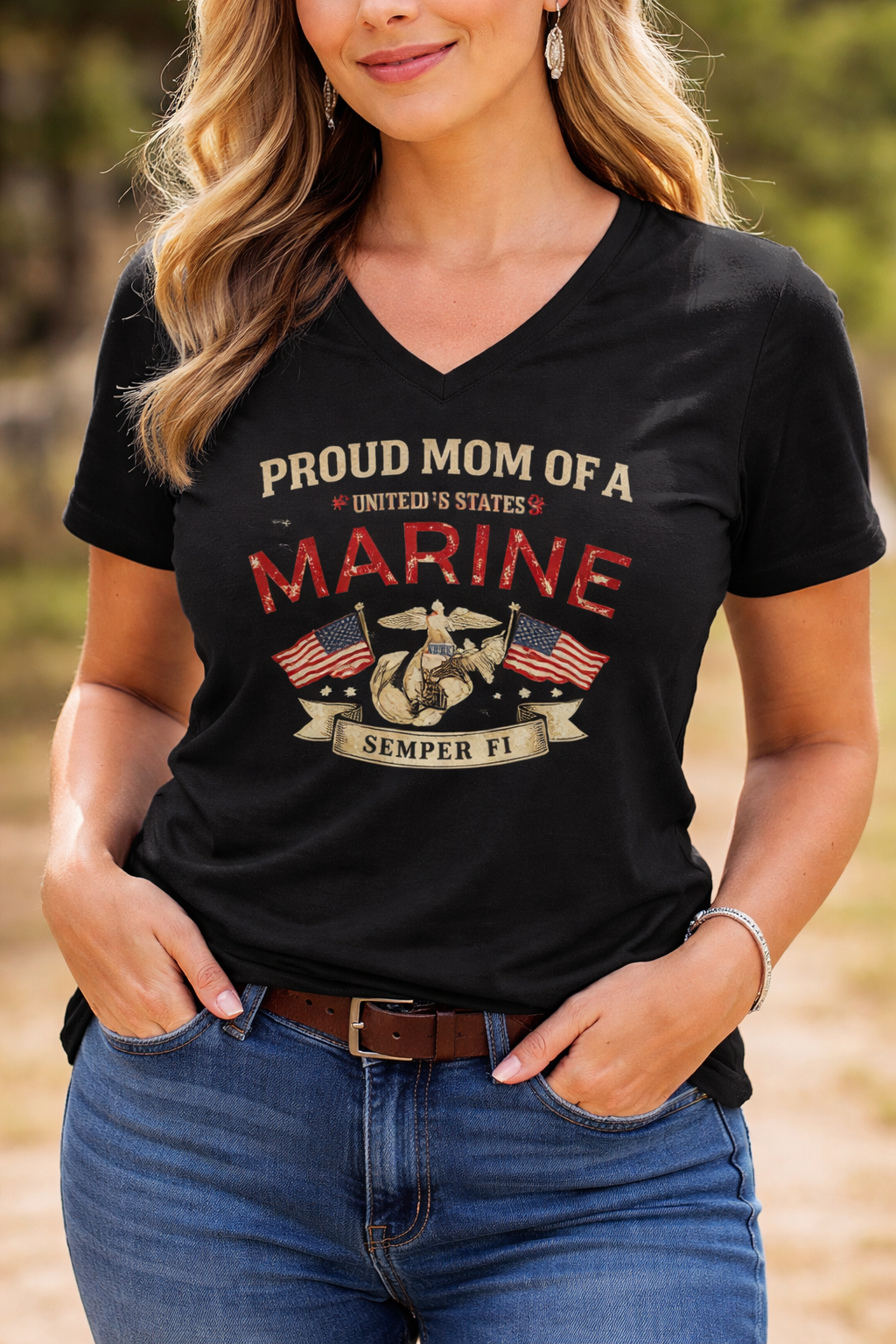 Proud Mom of a United States Marine  - Iter Fidelis V-Neck Tee