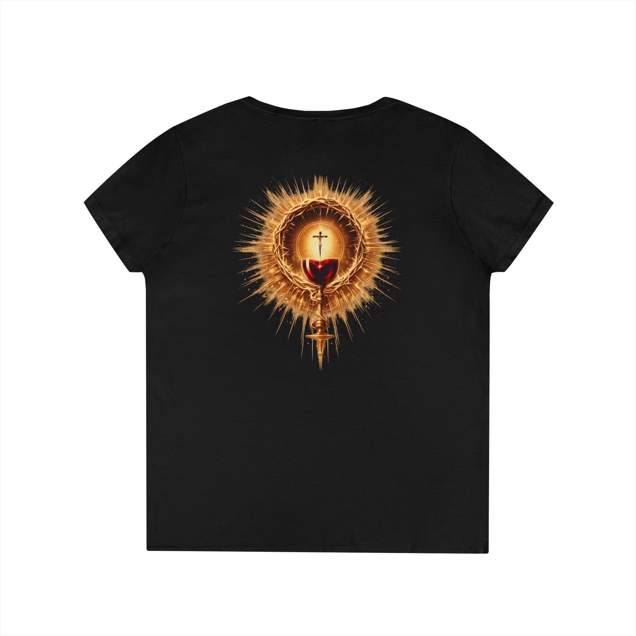 Christian V-Neck T-Shirt — "Iter Fidelis" with Eucharist Chalice Back Graphic