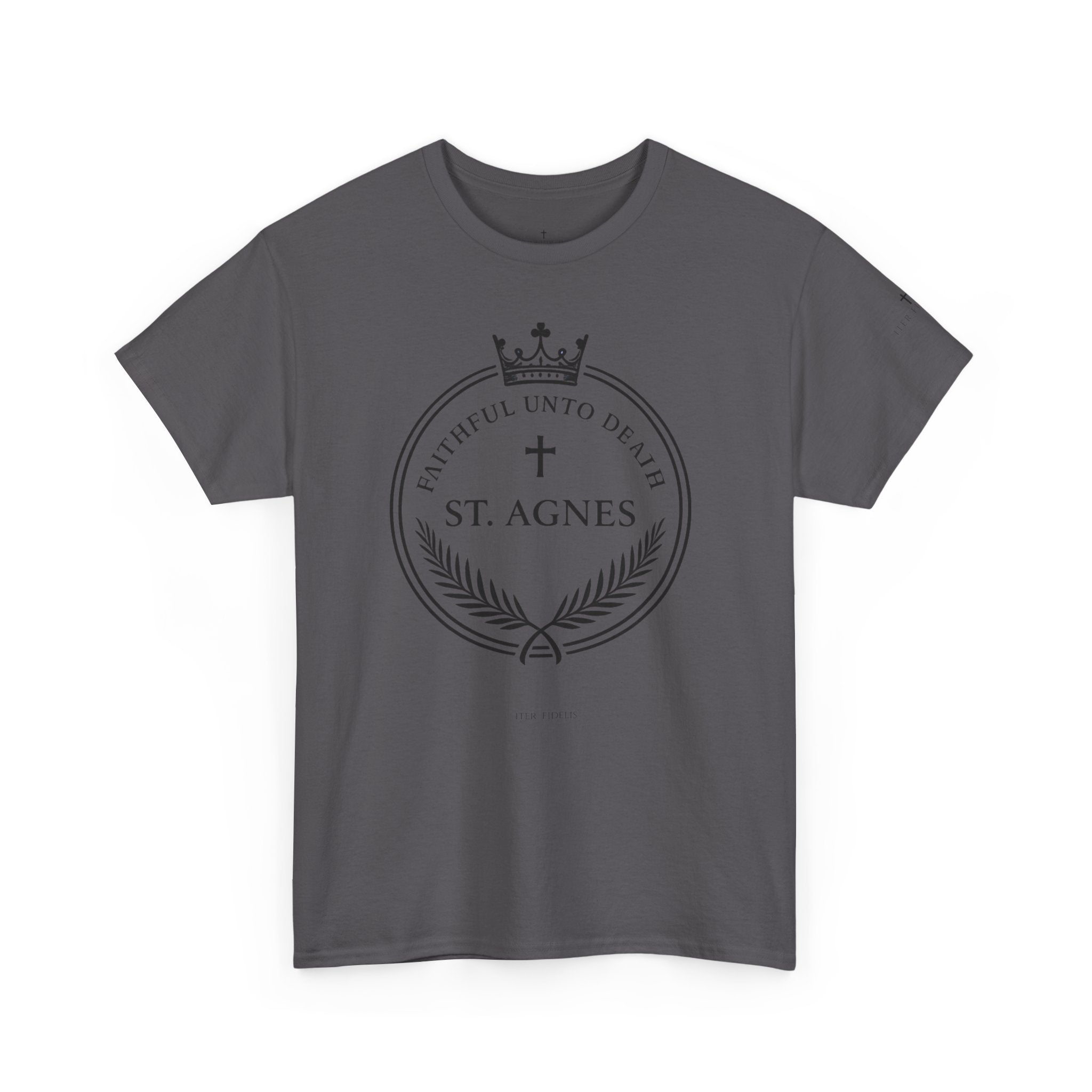 St. Agnes Crest Tee | Faithful Unto Death, Religious Cross T-Shirt
