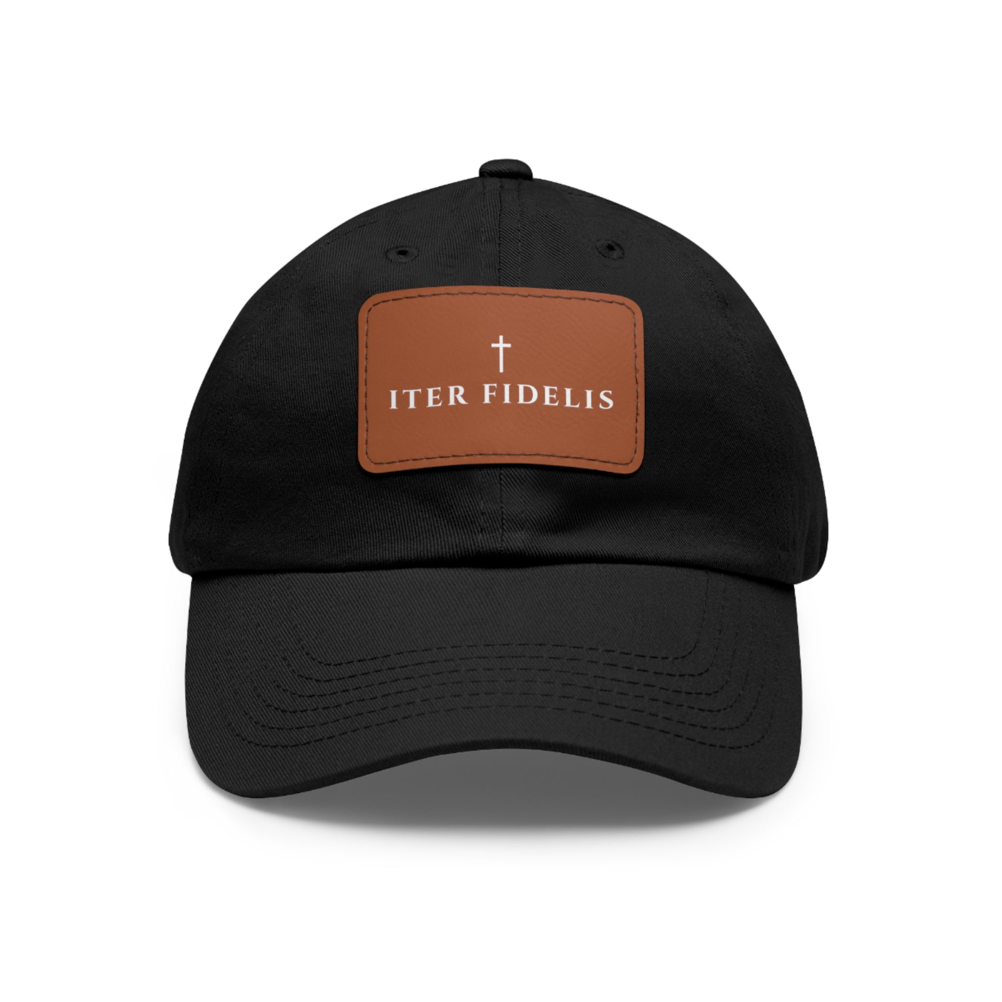 Iter Fidelis Leather Patch Dad Hat — Religious Cross Embroidered Baseball Cap