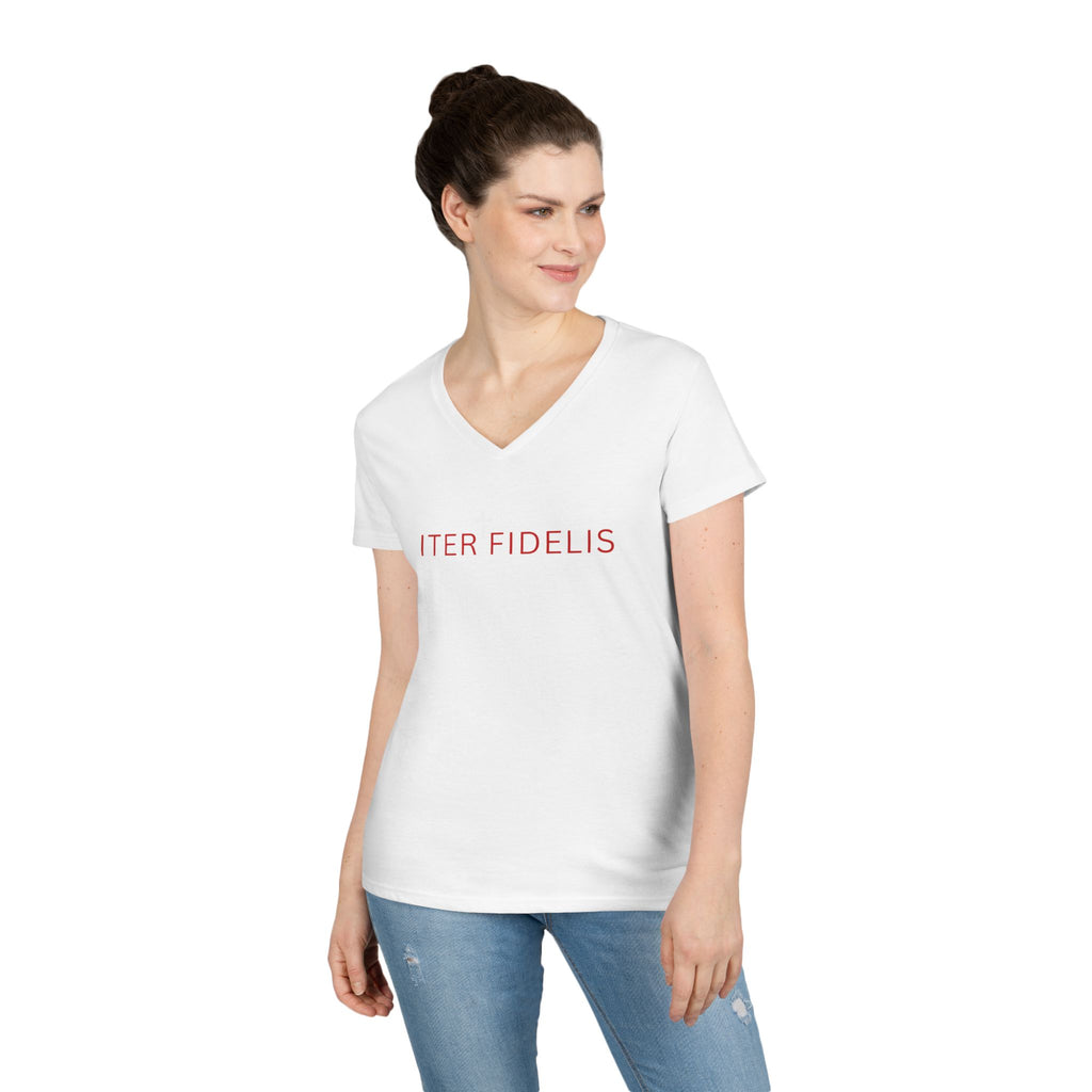 Christian V-Neck T-Shirt — "Iter Fidelis" with Eucharist Chalice Back Graphic