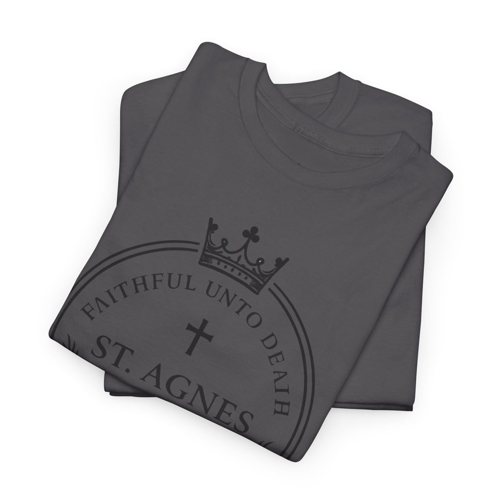 St. Agnes Crest Tee | Faithful Unto Death, Religious Cross T-Shirt