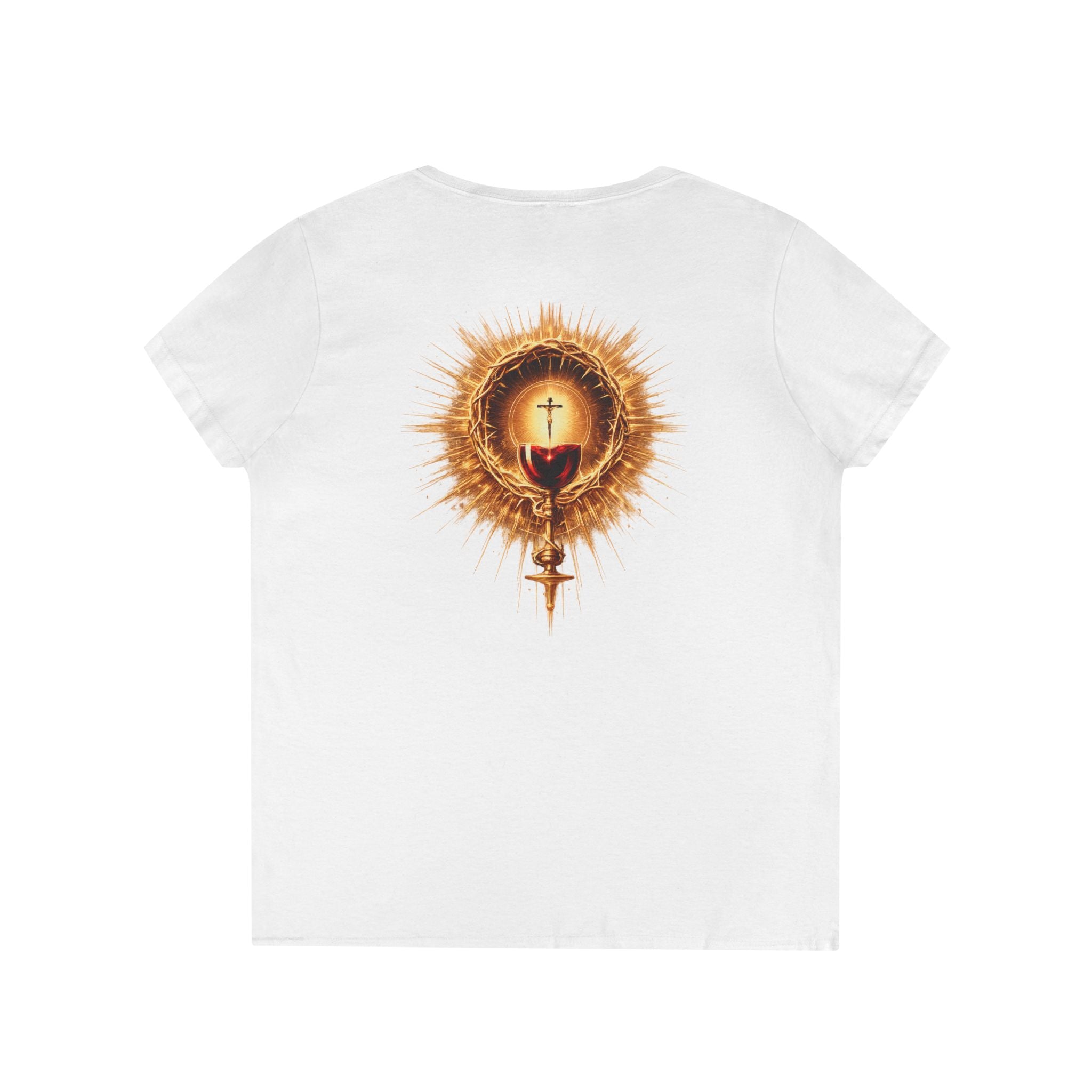 Christian V-Neck T-Shirt — "Iter Fidelis" with Eucharist Chalice Back Graphic