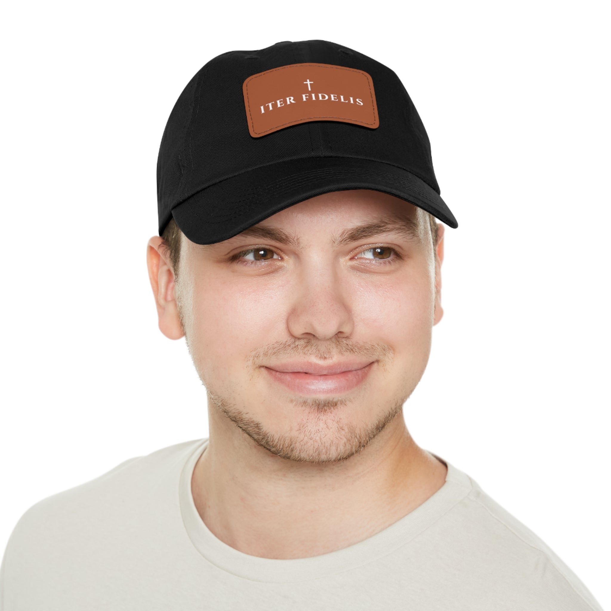 Iter Fidelis Leather Patch Dad Hat — Religious Cross Embroidered Baseball Cap