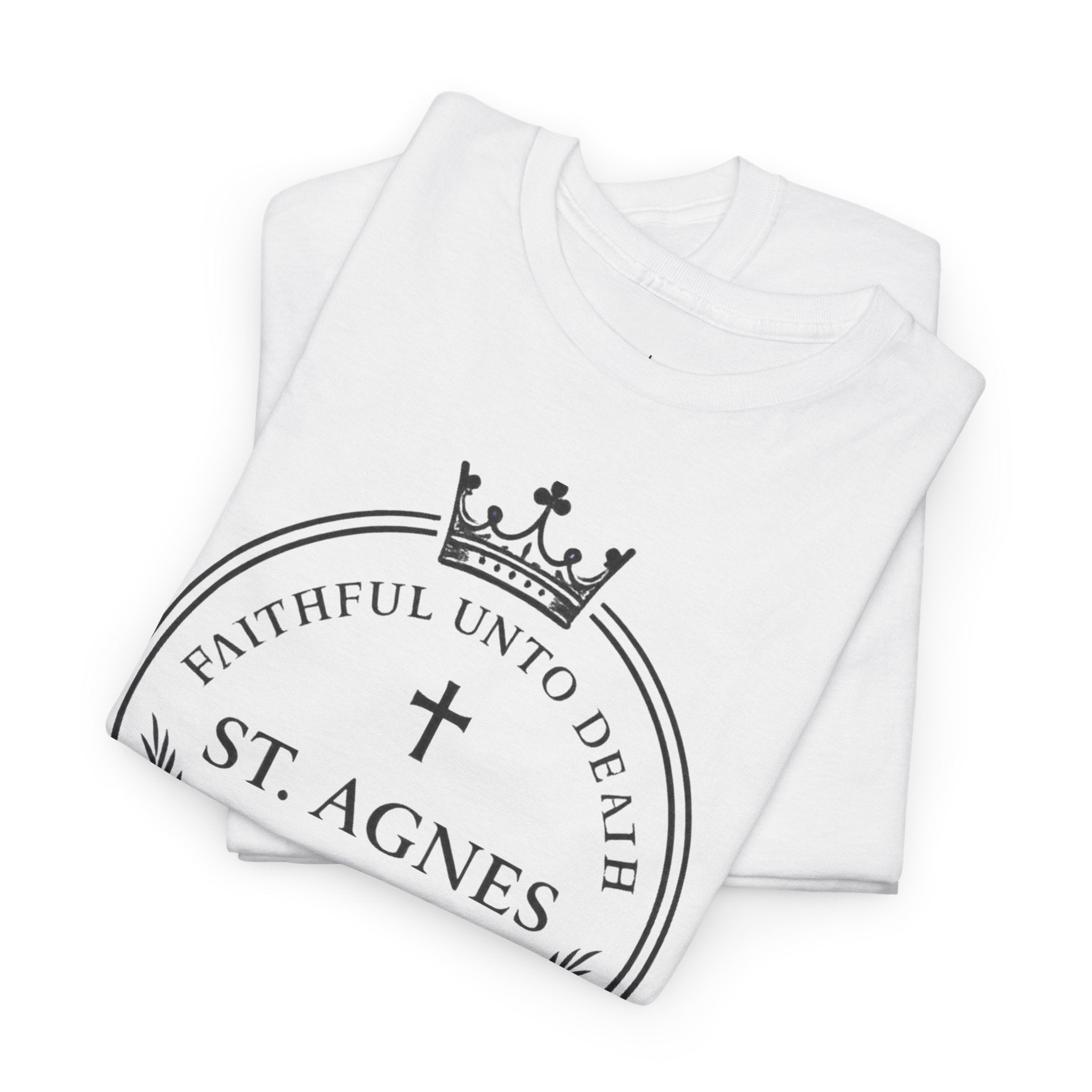 St. Agnes Crest Tee | Faithful Unto Death, Religious Cross T-Shirt