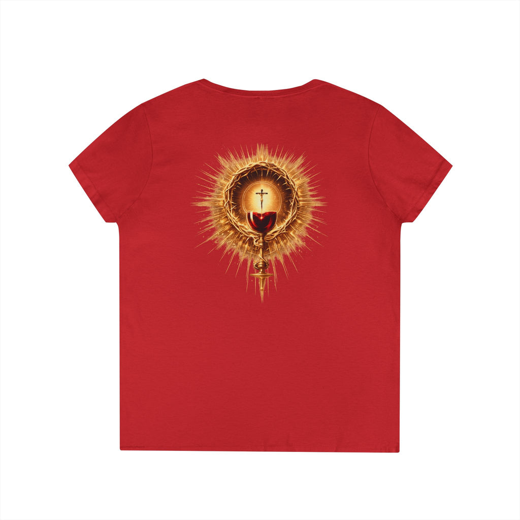 Christian V-Neck T-Shirt — "Iter Fidelis" with Eucharist Chalice Back Graphic