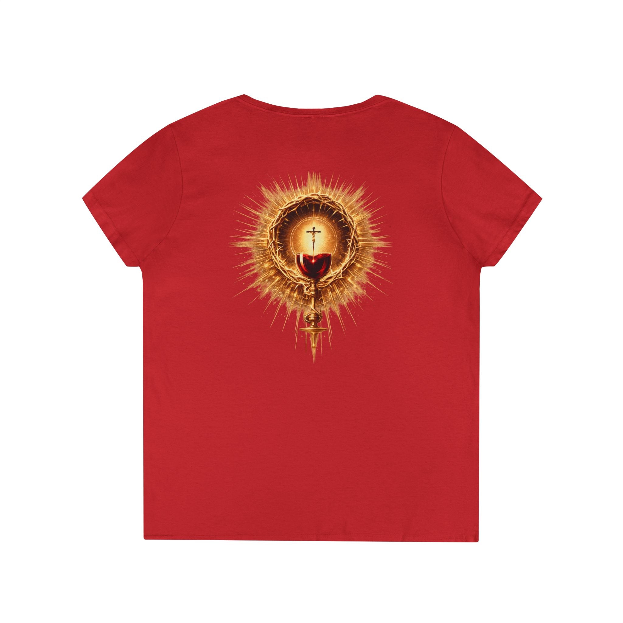 Christian V-Neck T-Shirt — "Iter Fidelis" with Eucharist Chalice Back Graphic
