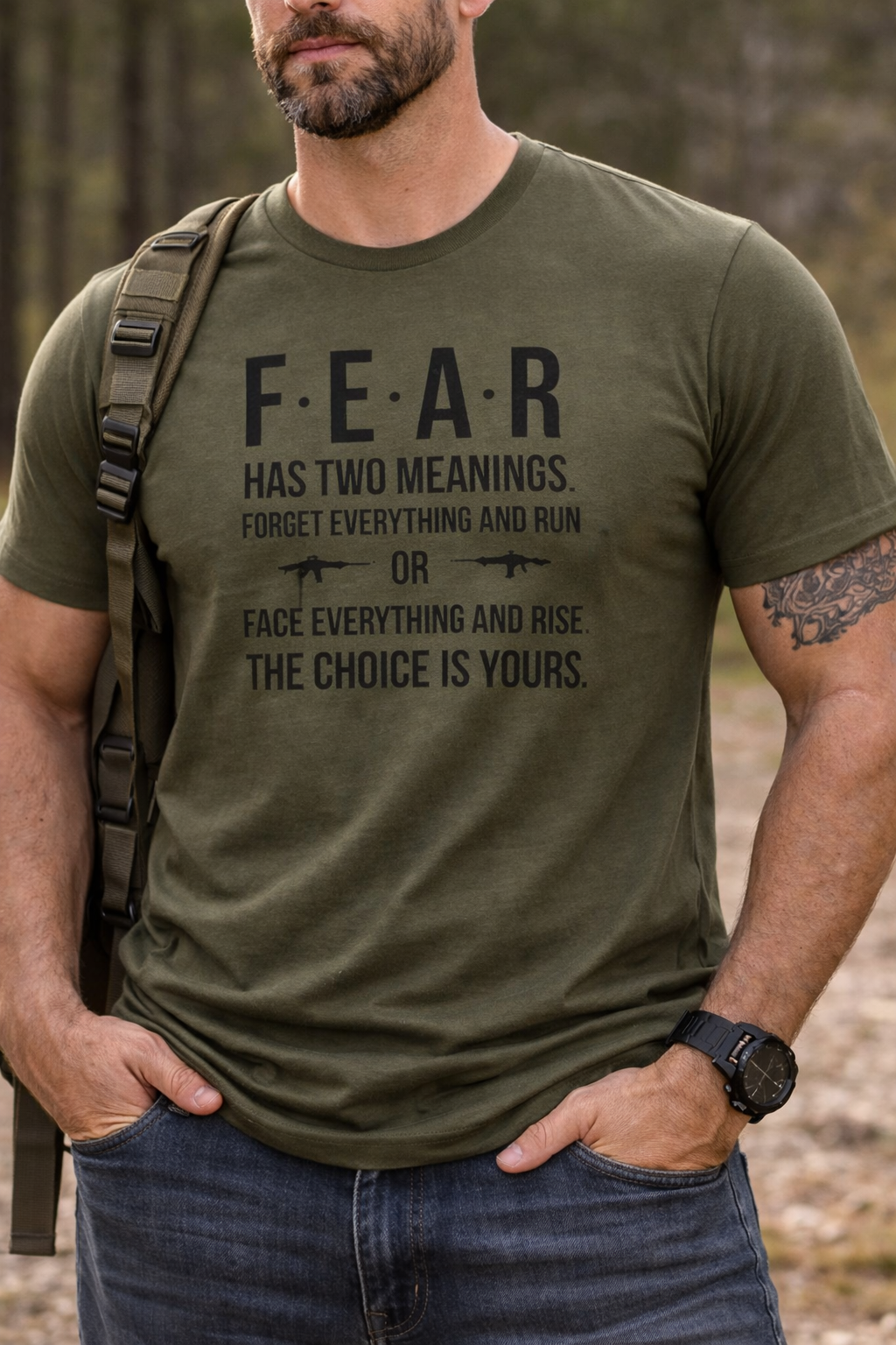 Face Everything and Rise – Fear Has Two Meanings Iter Fidelis Motivational Tee